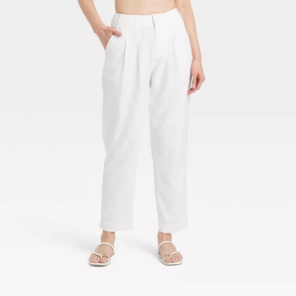 A New Day Women's 8 High Rise Linen Blend Tapered Ankle Pants White Trousers